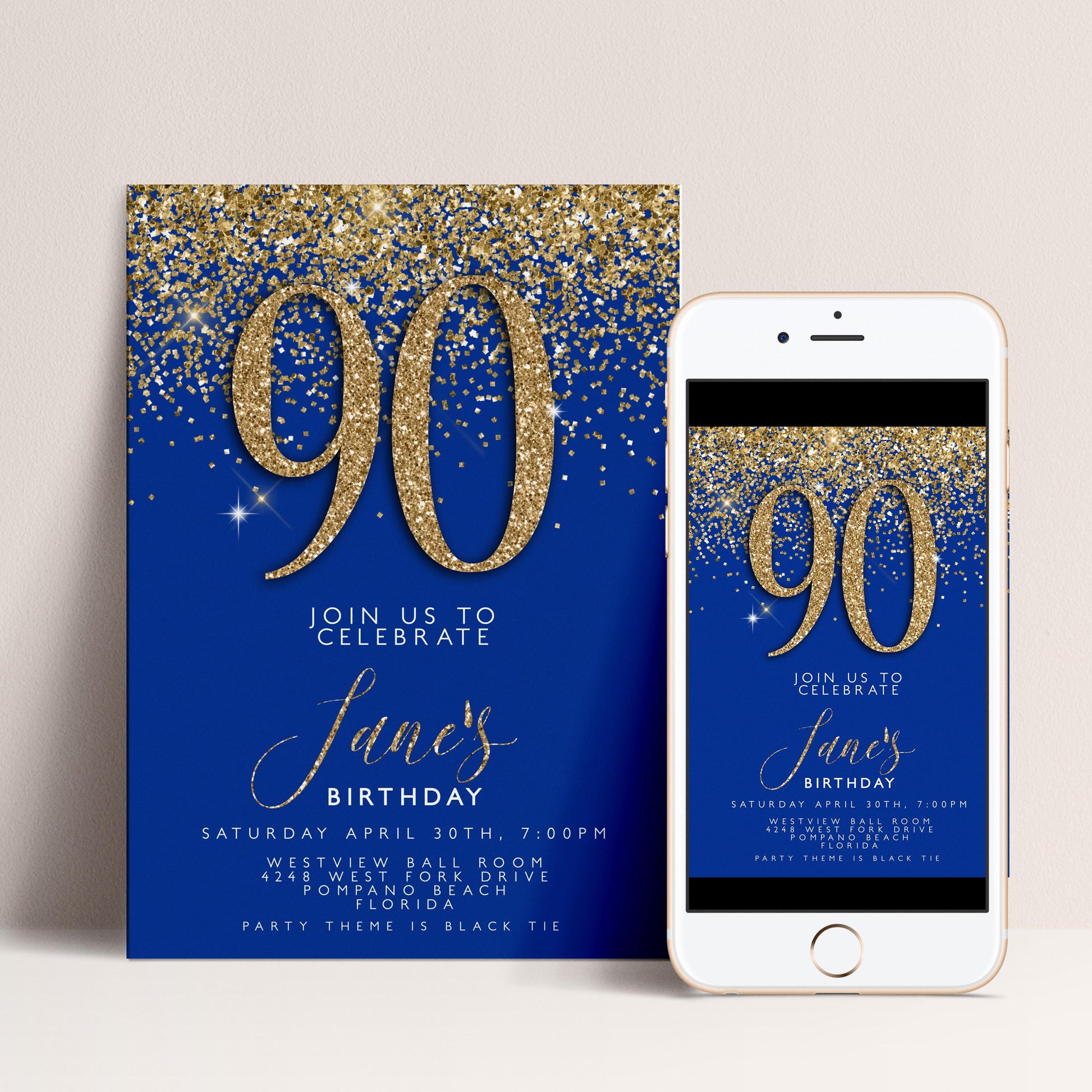 90th Birthday Invitation – Navy & Gold Editable Template, Instant Download, Printable Corjl Invite, Any Age Milestone Celebration