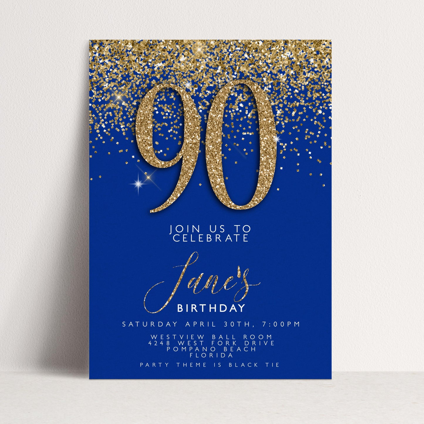 90th Birthday Invitation – Navy & Gold Editable Template, Instant Download, Printable Corjl Invite, Any Age Milestone Celebration
