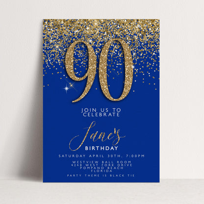 90th Birthday Invitation – Navy & Gold Editable Template, Instant Download, Printable Corjl Invite, Any Age Milestone Celebration