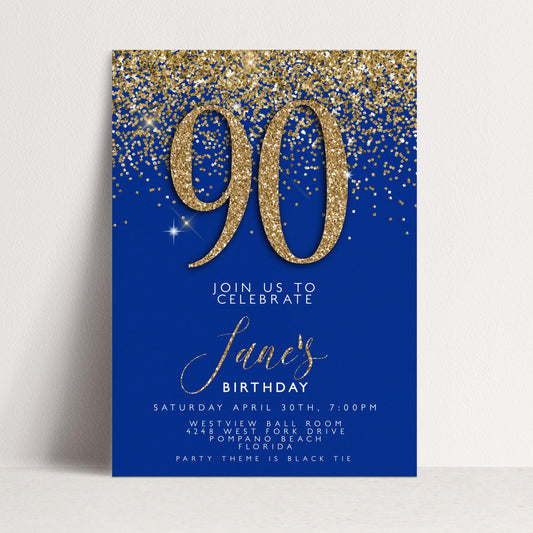 90th Birthday Invitation – Navy & Gold Editable Template, Instant Download, Printable Corjl Invite, Any Age Milestone Celebration
