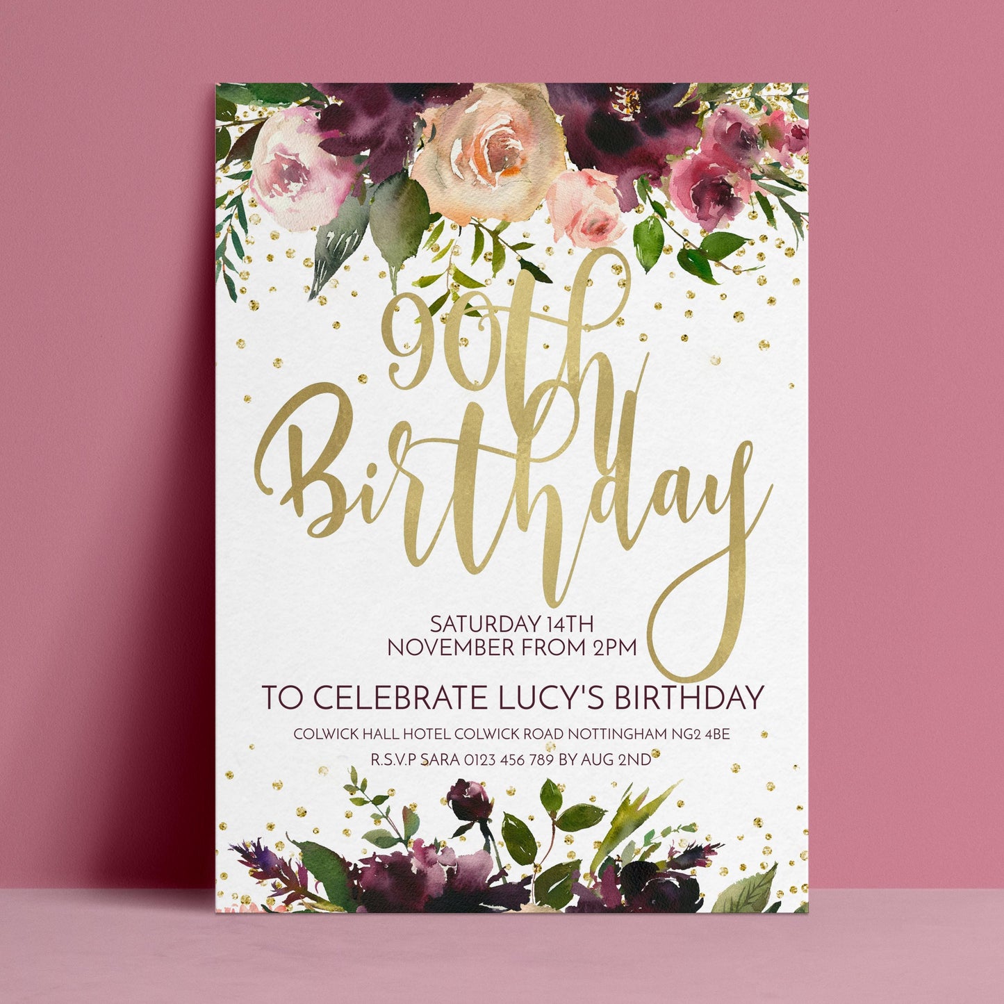 Editable 90th birthday invitation with watercolour burgundy and plum floral borders and gold script typography — digital download template via Corjl
