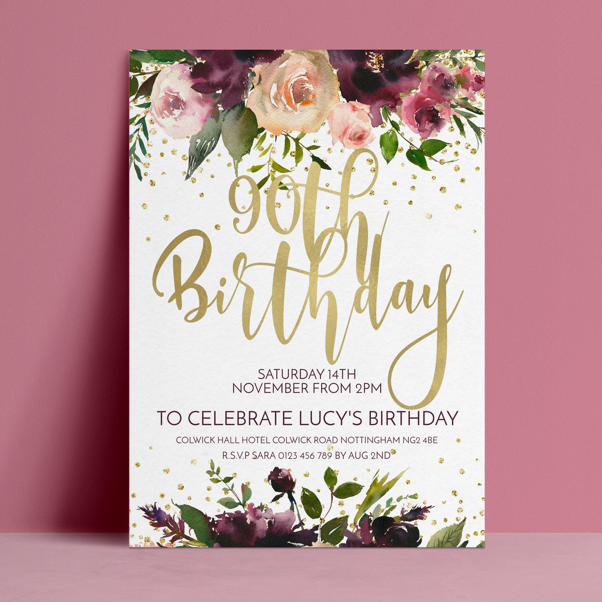 Editable 90th birthday invitation with watercolour burgundy and plum floral borders and gold script typography — digital download template via Corjl
