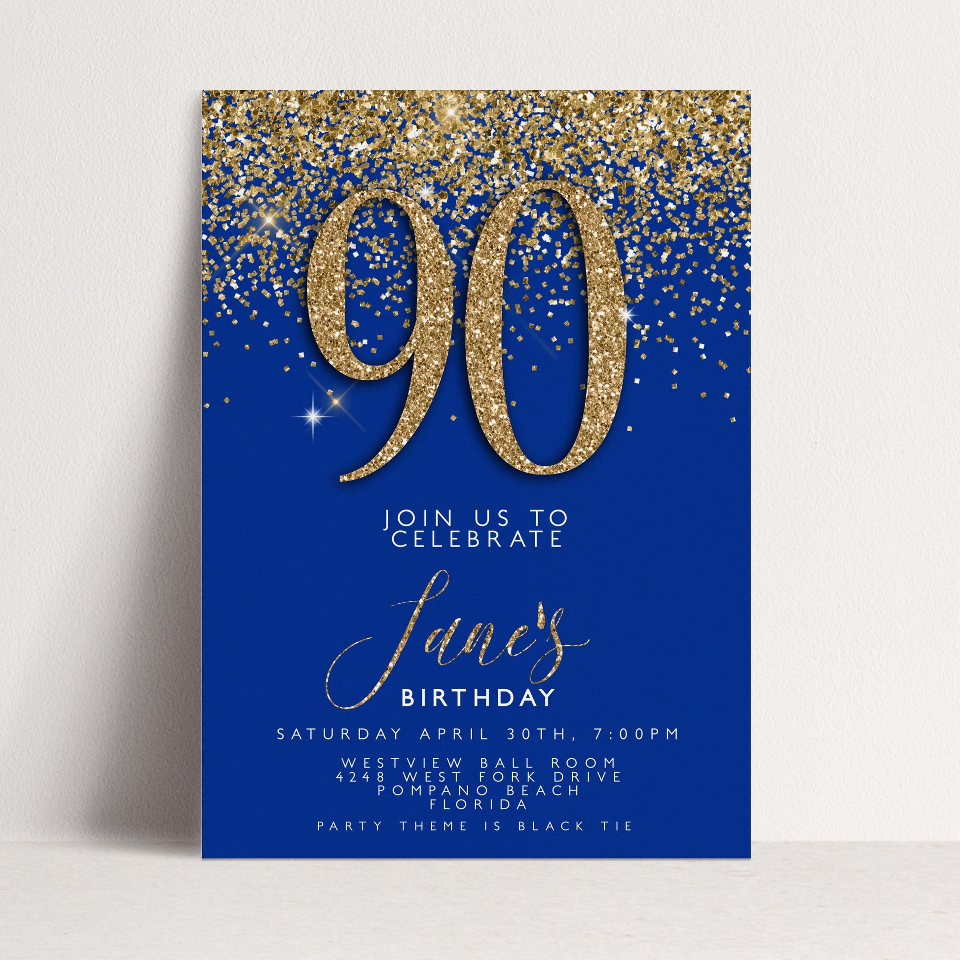 Editable 90th birthday invitation with gold glitter number 90 and royal blue background — digital download template via Corjl
