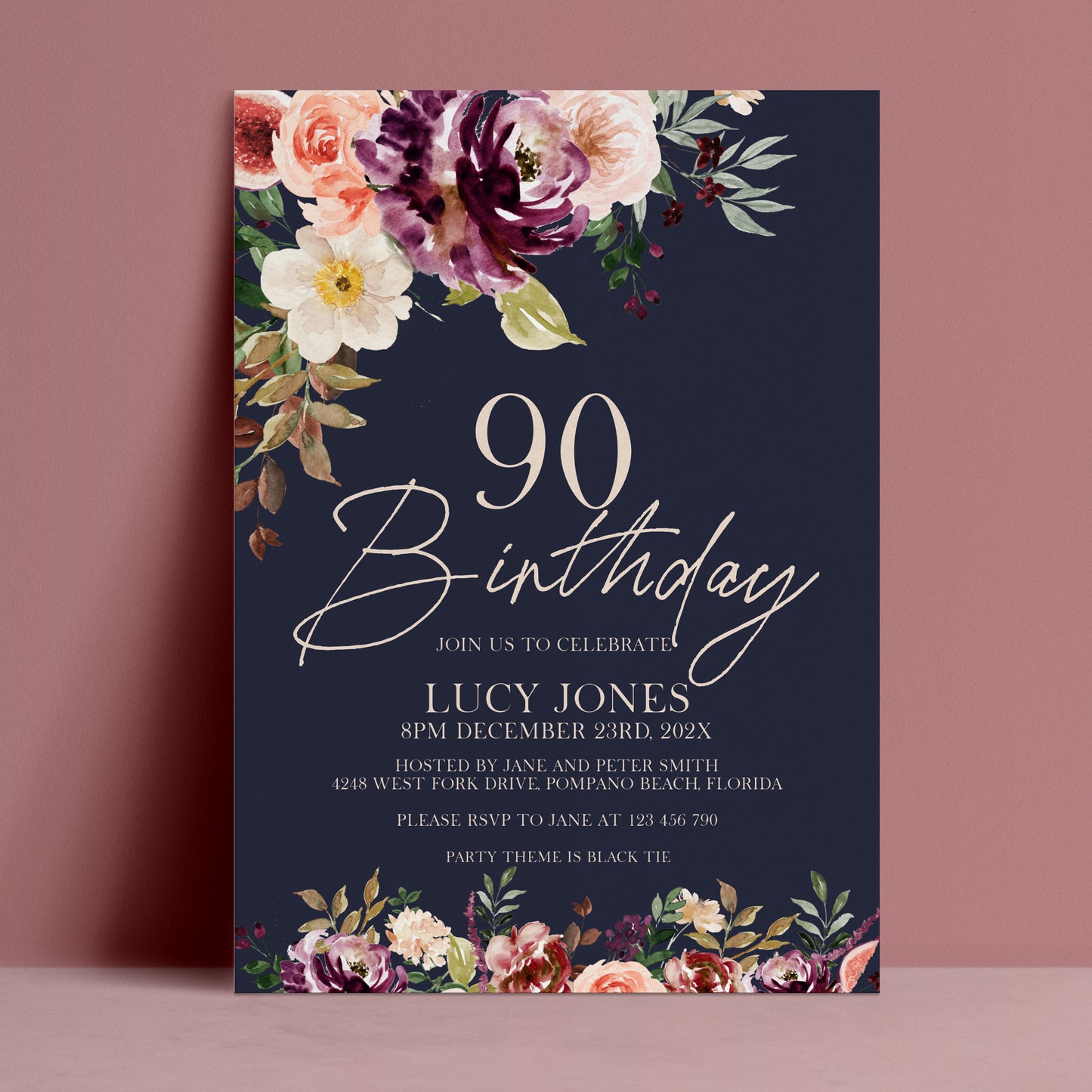 90th Birthday Invitation Navy Floral | Editable Digital Download Template | Printable Party Invite