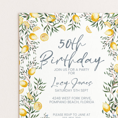 90th Birthday Invitation Lemon and Peacock | Editable Digital Download Template | Printable Garden Party Invite (Copy)