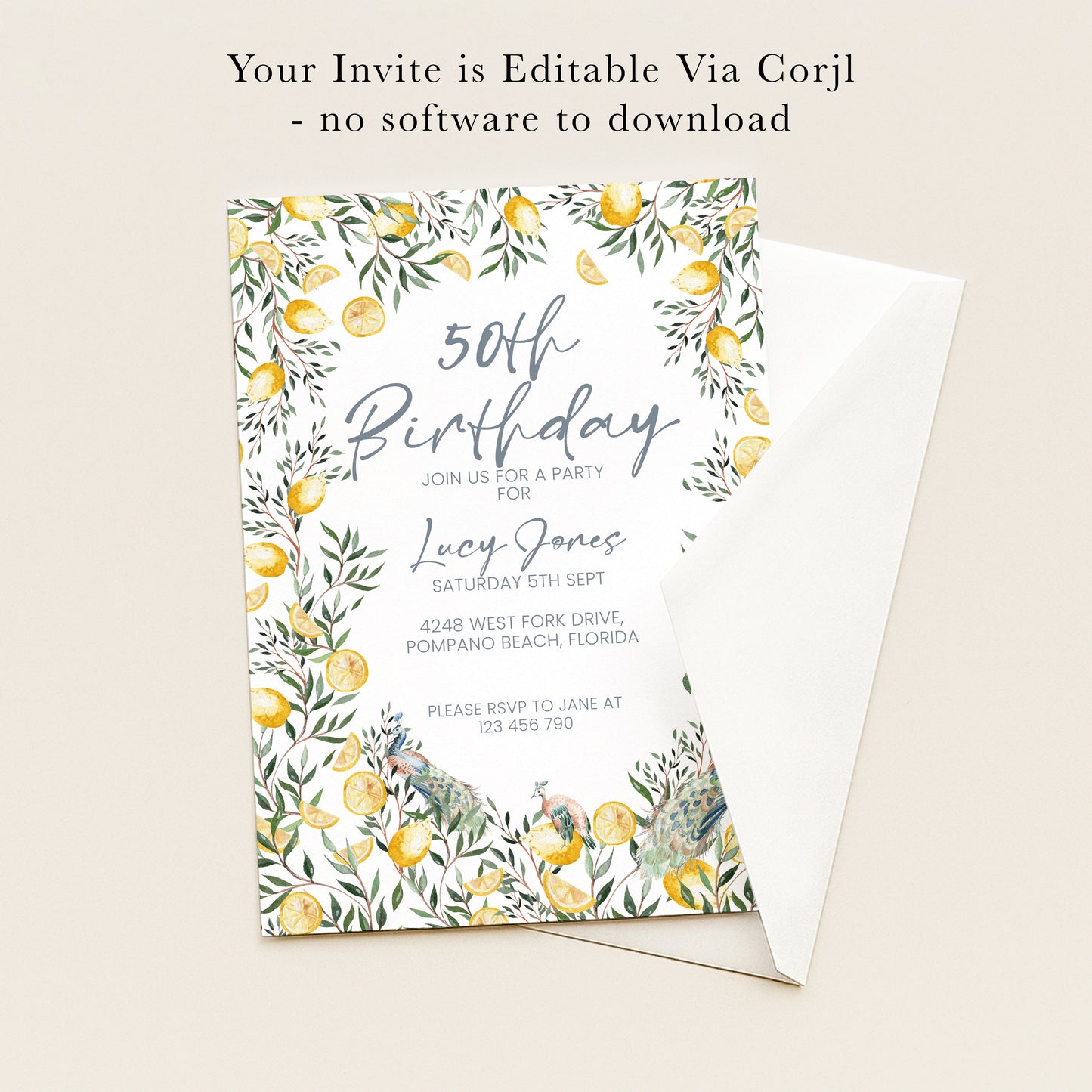 90th Birthday Invitation Lemon and Peacock | Editable Digital Download Template | Printable Garden Party Invite (Copy)