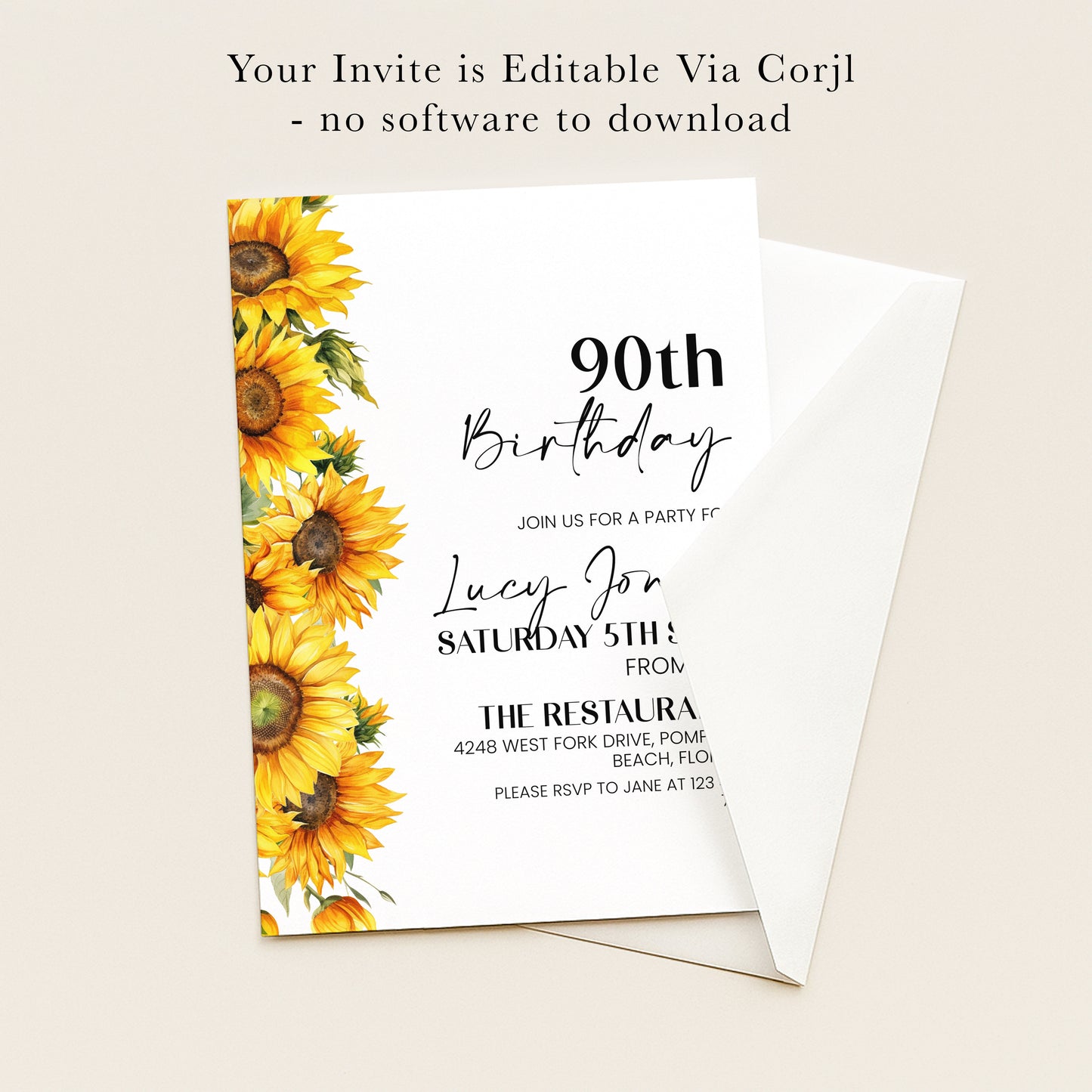 90th Birthday Invitation Sunflower | Editable Digital Download Template | Printable Party Invite