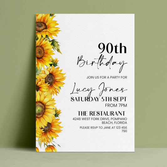 90th Birthday Invitation Sunflower | Editable Digital Download Template | Printable Party Invite
