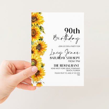90th Birthday Invitation Sunflower | Editable Digital Download Template | Printable Party Invite