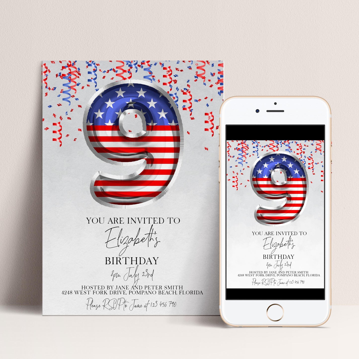 9th Birthday Invitation Patriotic Theme, USA Birthday Party Invite, Red White Blue Kids Party, Editable Template