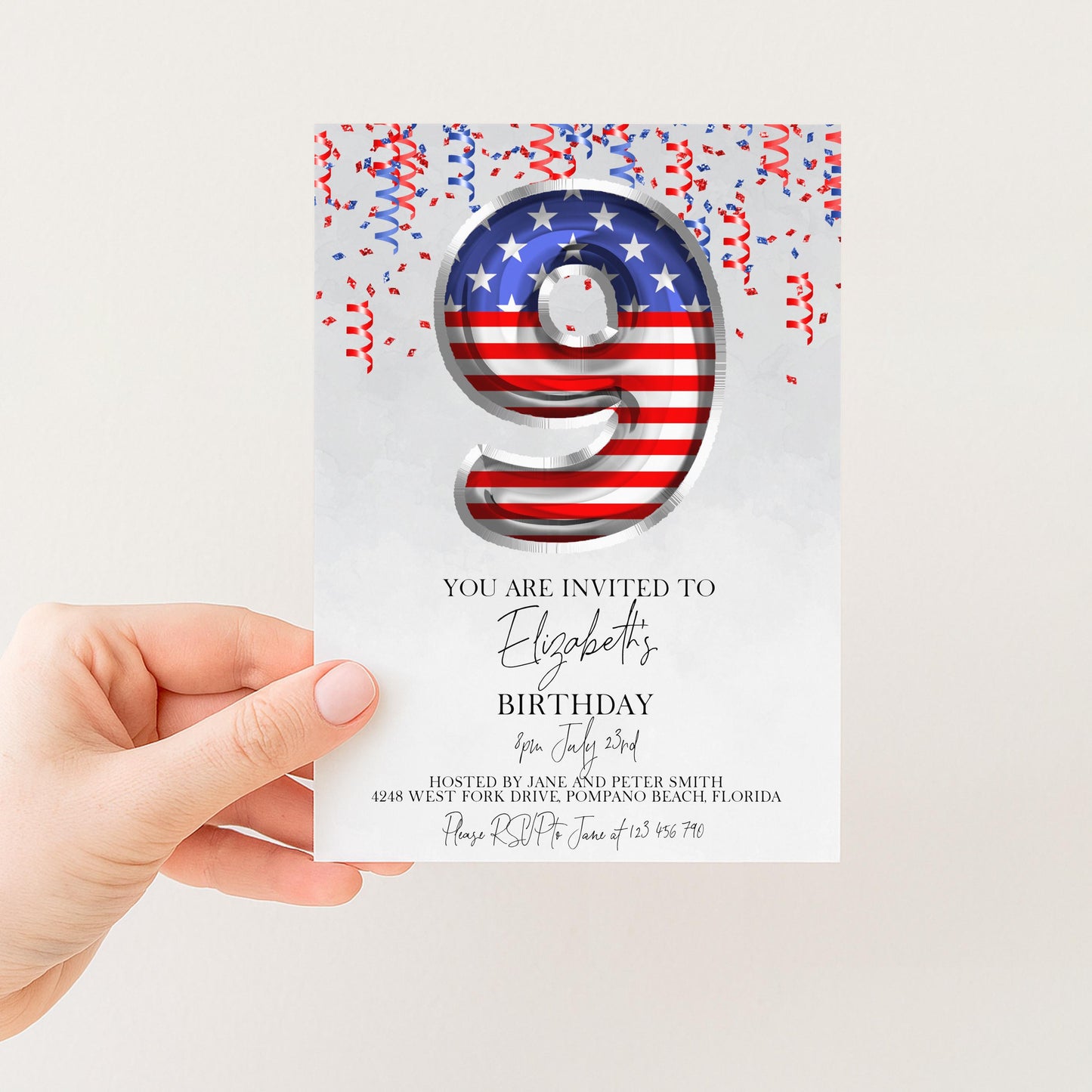 9th Birthday Invitation Patriotic Theme, USA Birthday Party Invite, Red White Blue Kids Party, Editable Template