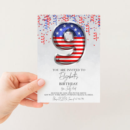 9th Birthday Invitation Patriotic Theme, USA Birthday Party Invite, Red White Blue Kids Party, Editable Template