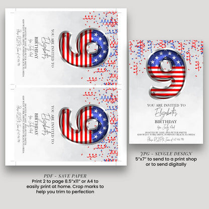 9th Birthday Invitation Patriotic Theme, USA Birthday Party Invite, Red White Blue Kids Party, Editable Template