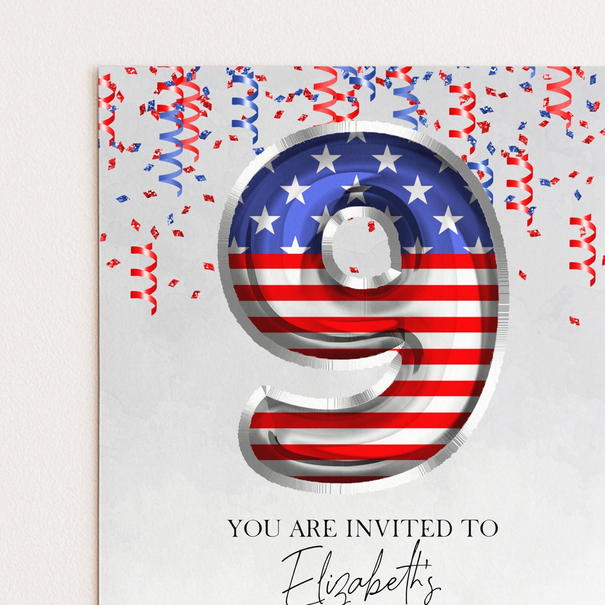 9th Birthday Invitation Patriotic Theme, USA Birthday Party Invite, Red White Blue Kids Party, Editable Template