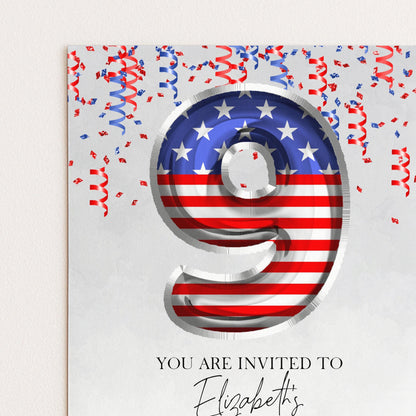9th Birthday Invitation Patriotic Theme, USA Birthday Party Invite, Red White Blue Kids Party, Editable Template