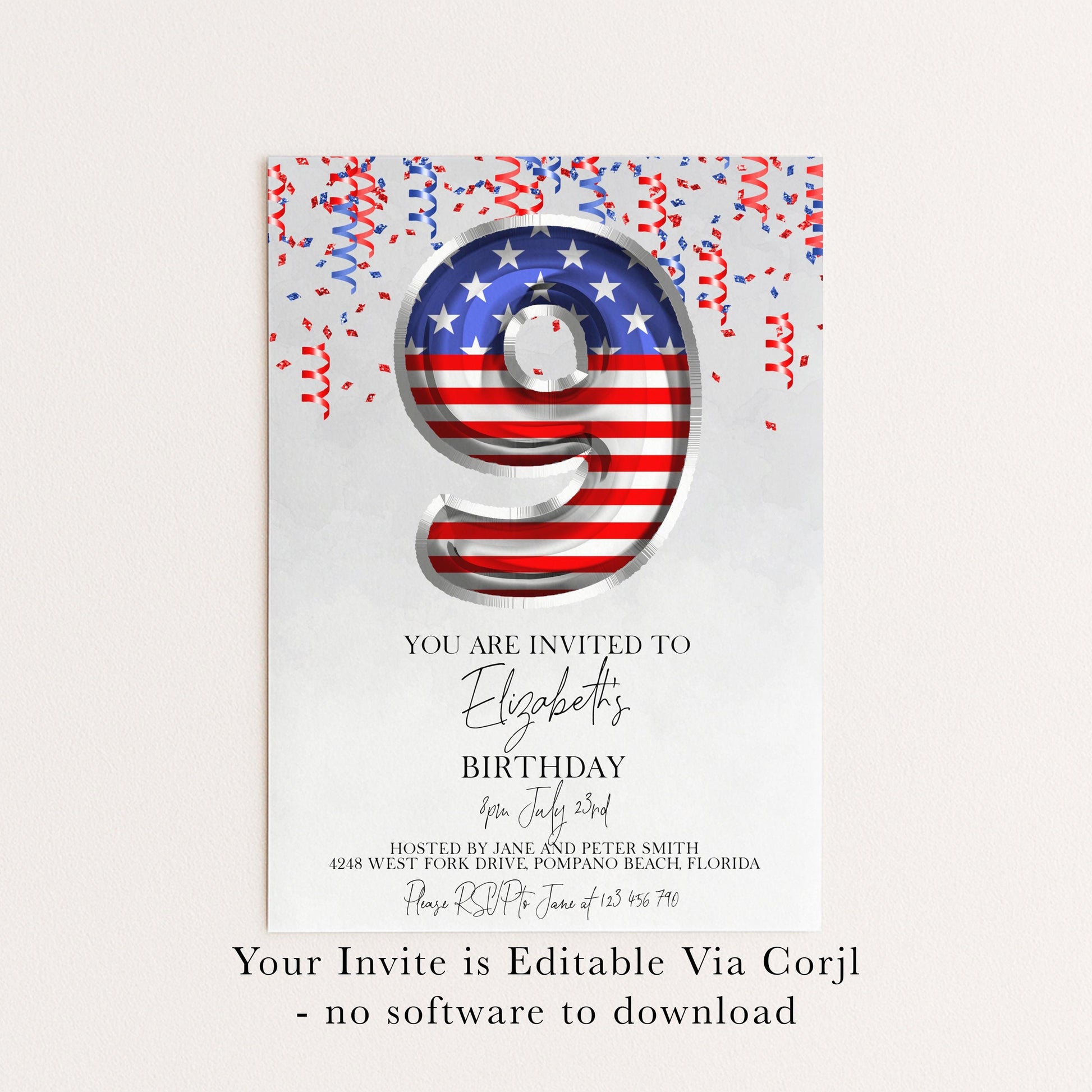 9th Birthday Invitation Patriotic Theme, USA Birthday Party Invite, Red White Blue Kids Party, Editable Template