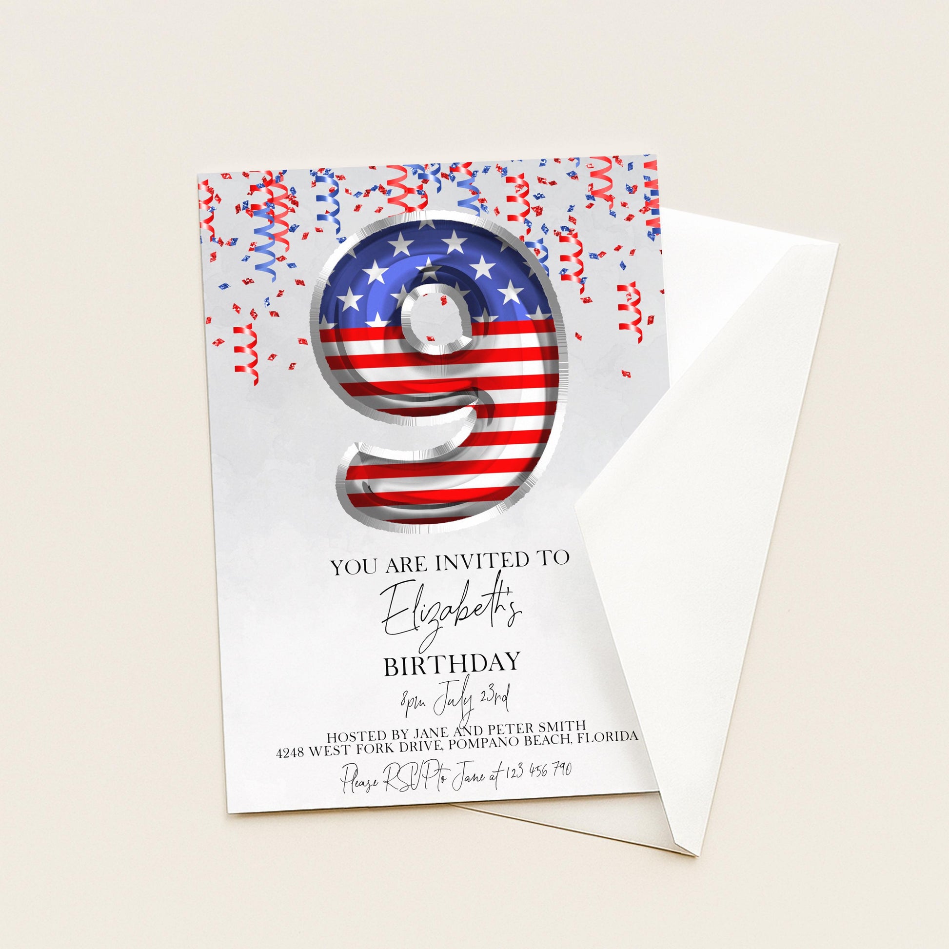 9th Birthday Invitation Patriotic Theme, USA Birthday Party Invite, Red White Blue Kids Party, Editable Template