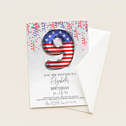 9th Birthday Invitation Patriotic Theme, USA Birthday Party Invite, Red White Blue Kids Party, Editable Template
