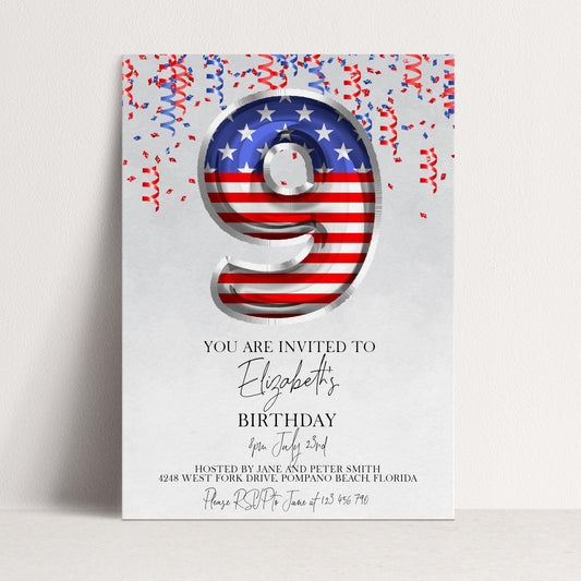 9th Birthday Invitation Patriotic Theme, USA Birthday Party Invite, Red White Blue Kids Party, Editable Template