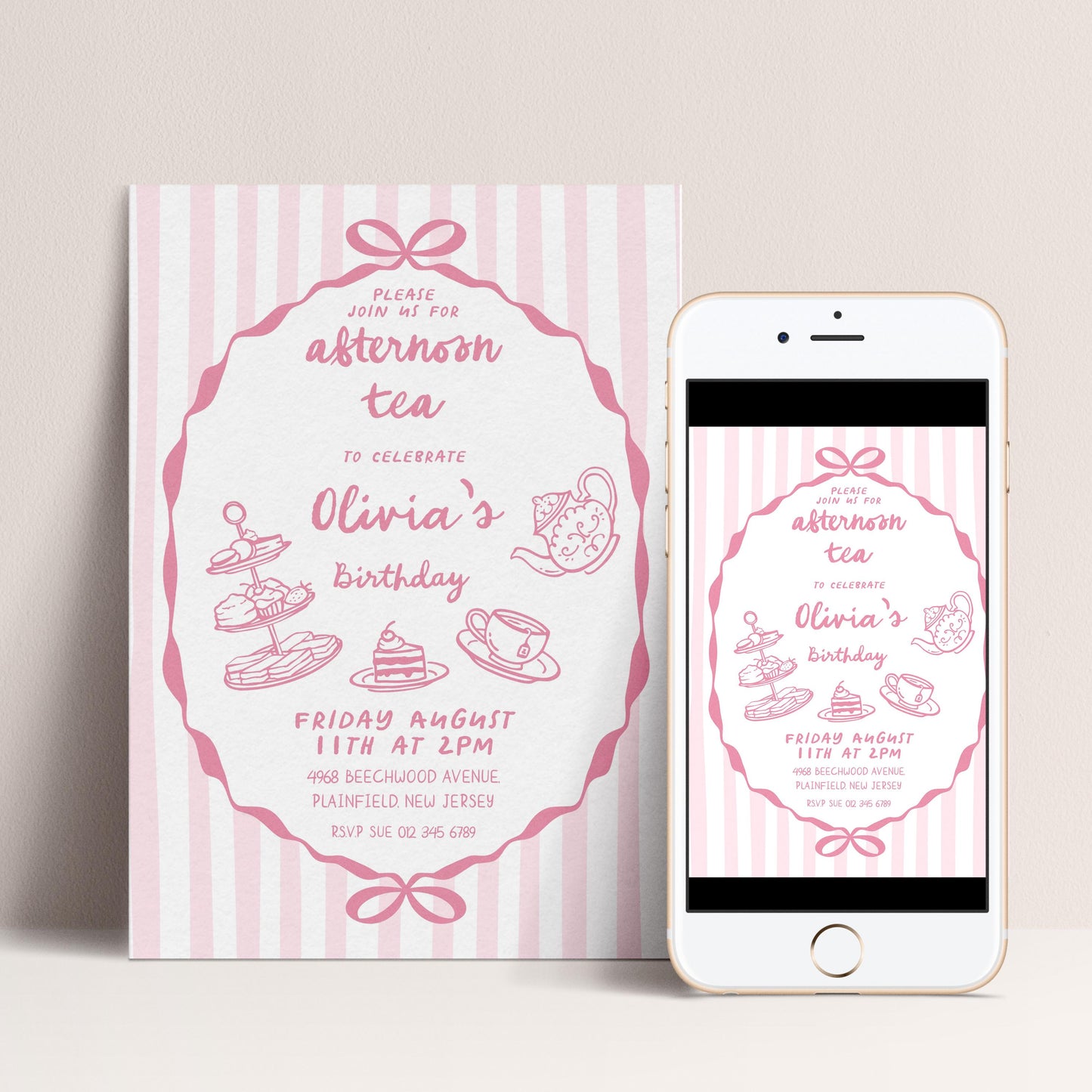 Afternoon Tea Birthday Invitation, Editable Girls Tea Party Invite, Pink Corjl Template
