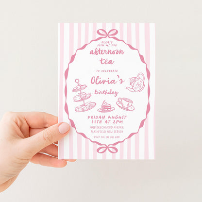 Afternoon Tea Birthday Invitation, Editable Girls Tea Party Invite, Pink Corjl Template