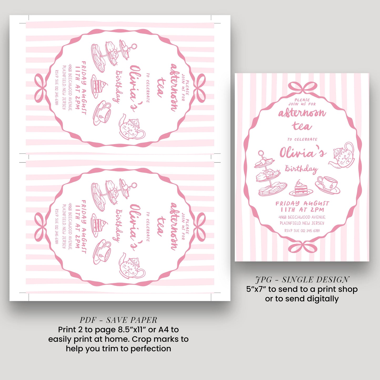 Afternoon Tea Birthday Invitation, Editable Girls Tea Party Invite, Pink Corjl Template