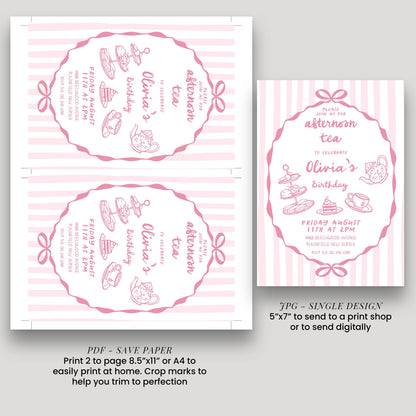 Afternoon Tea Birthday Invitation, Editable Girls Tea Party Invite, Pink Corjl Template