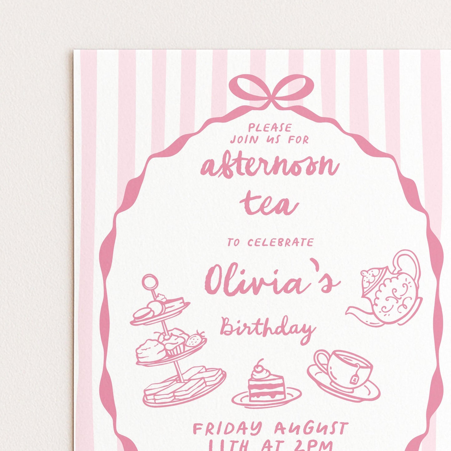 Afternoon Tea Birthday Invitation, Editable Girls Tea Party Invite, Pink Corjl Template