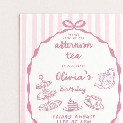 Afternoon Tea Birthday Invitation, Editable Girls Tea Party Invite, Pink Corjl Template