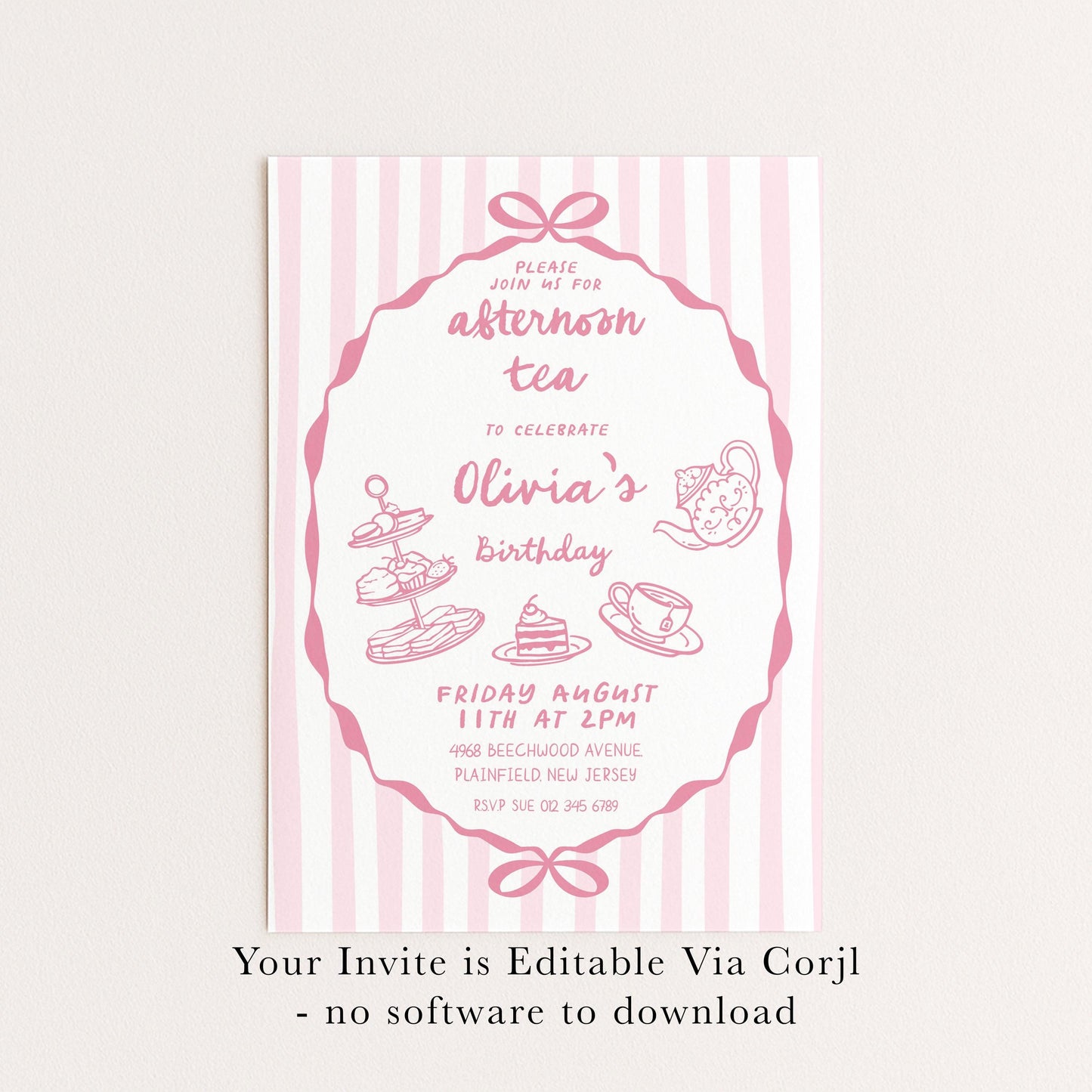 Afternoon Tea Birthday Invitation, Editable Girls Tea Party Invite, Pink Corjl Template