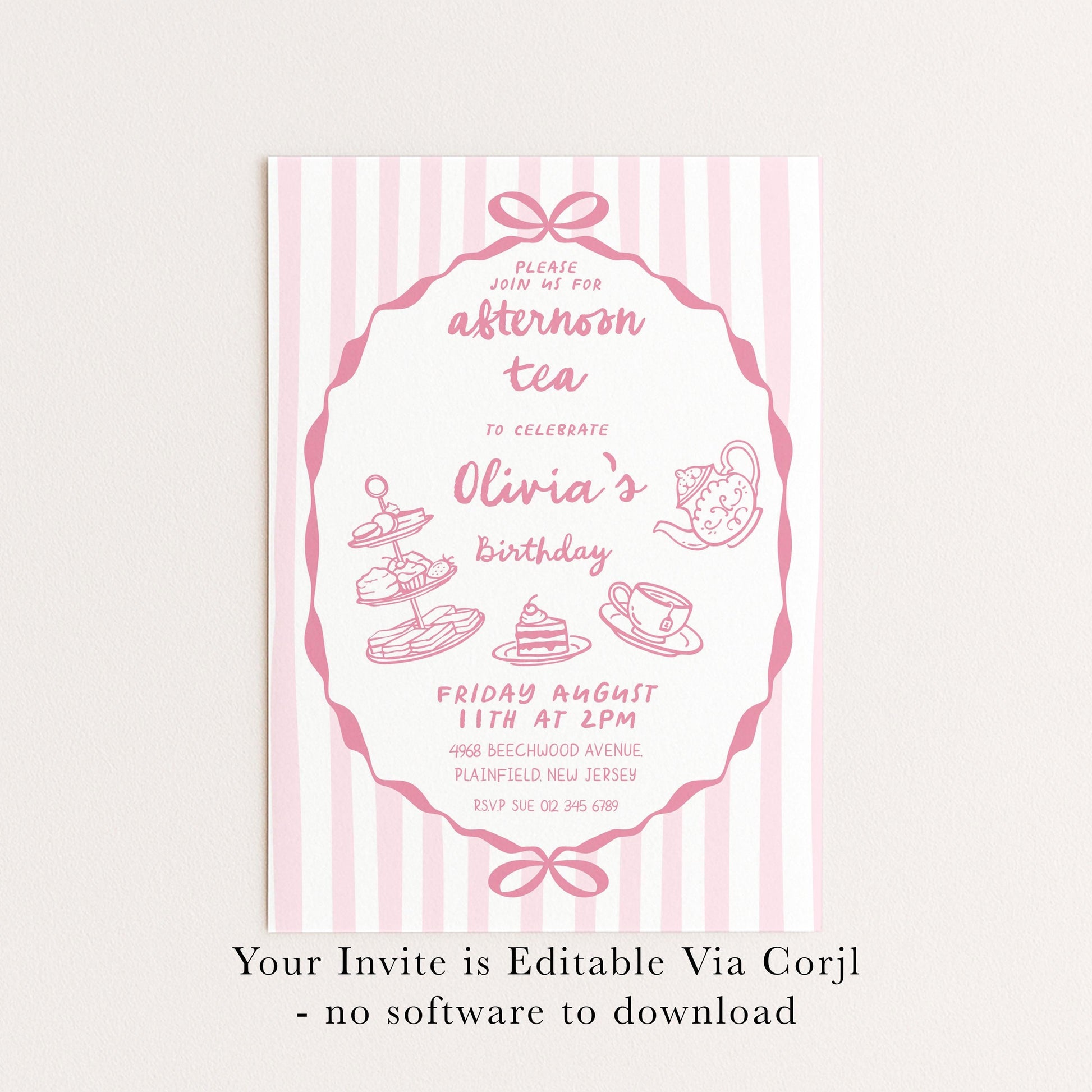 Afternoon Tea Birthday Invitation, Editable Girls Tea Party Invite, Pink Corjl Template