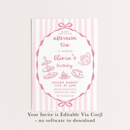 Afternoon Tea Birthday Invitation, Editable Girls Tea Party Invite, Pink Corjl Template