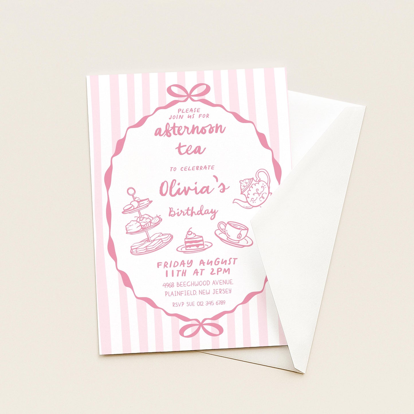 Afternoon Tea Birthday Invitation, Editable Girls Tea Party Invite, Pink Corjl Template