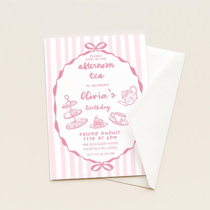 Afternoon Tea Birthday Invitation, Editable Girls Tea Party Invite, Pink Corjl Template