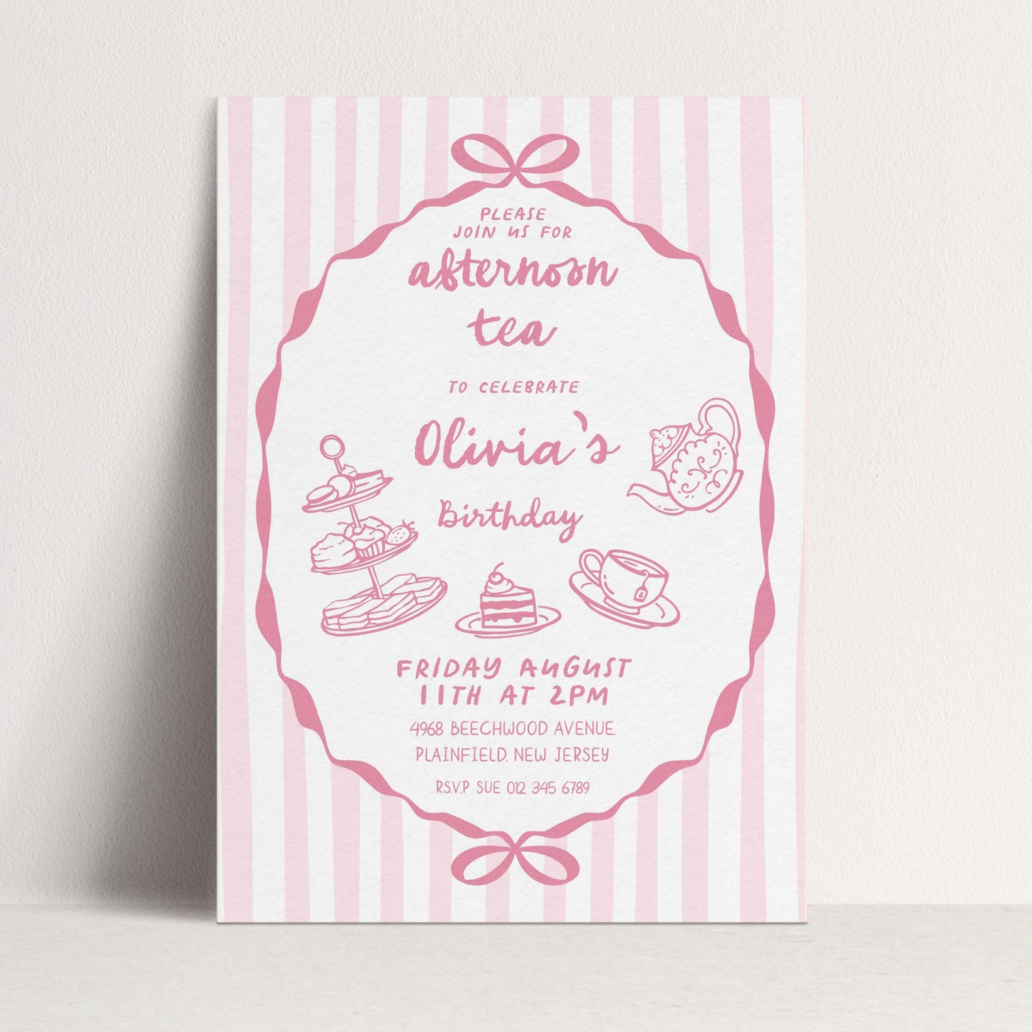 Afternoon Tea Birthday Invitation, Editable Girls Tea Party Invite, Pink Corjl Template