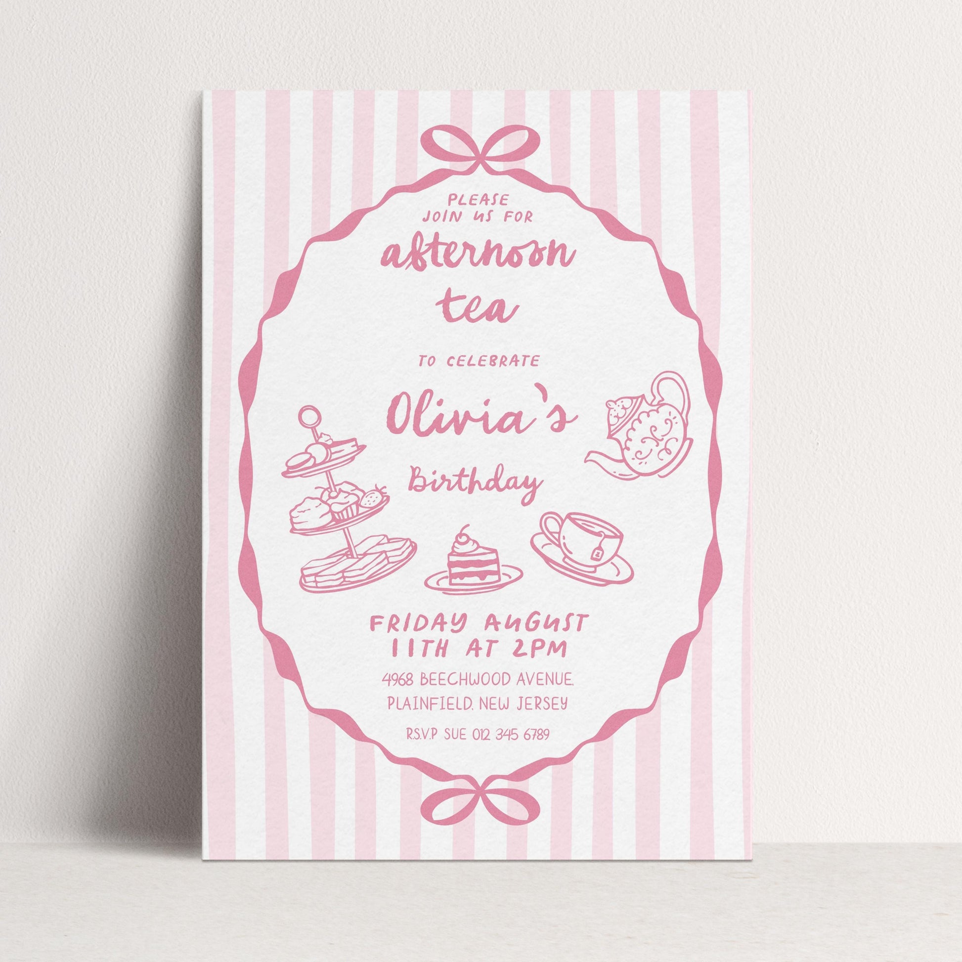 Afternoon Tea Birthday Invitation, Editable Girls Tea Party Invite, Pink Corjl Template