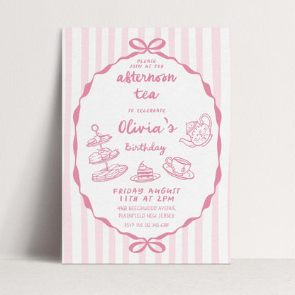 Afternoon Tea Birthday Invitation, Editable Girls Tea Party Invite, Pink Corjl Template