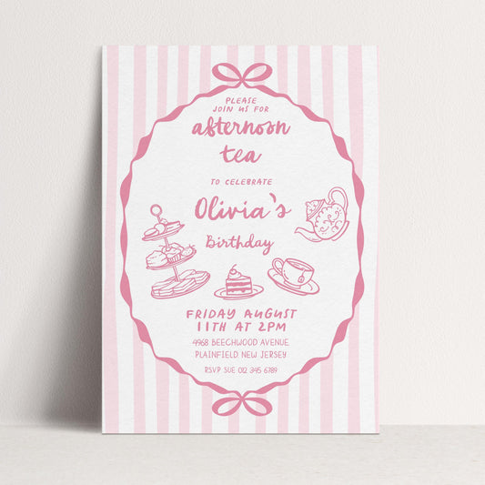 Afternoon Tea Birthday Invitation, Editable Girls Tea Party Invite, Pink Corjl Template