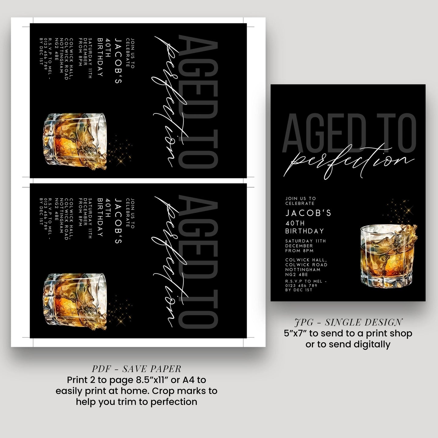 Aged to Perfection 40th Birthday Invitation, Editable Black Party Invite, Men's Adult Invitation Template, Forty Birthday Printable Template
