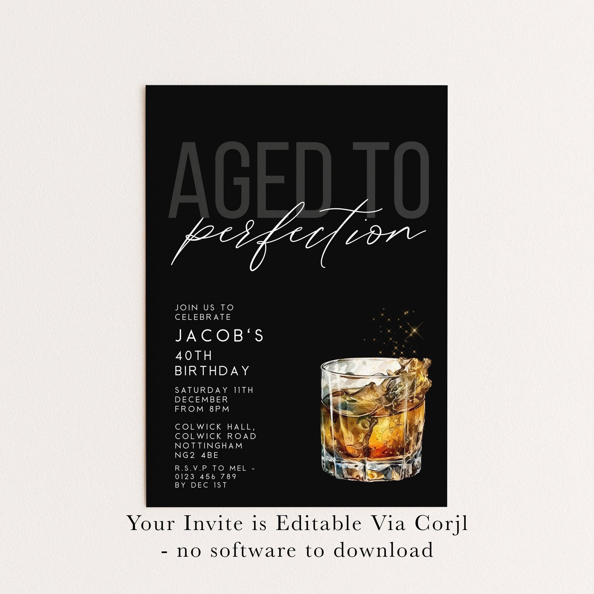 Aged to Perfection 40th Birthday Invitation, Editable Black Party Invite, Men's Adult Invitation Template, Forty Birthday Printable Template
