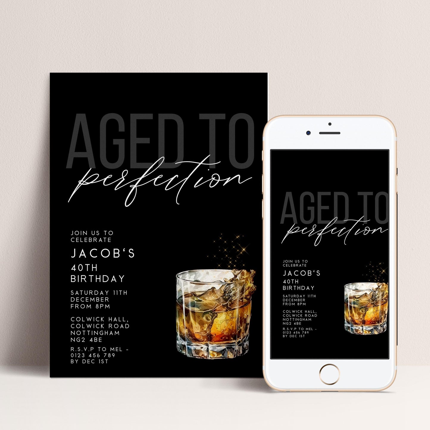 Aged to Perfection 40th Birthday Invitation, Editable Black Party Invite, Men's Adult Invitation Template, Forty Birthday Printable Template