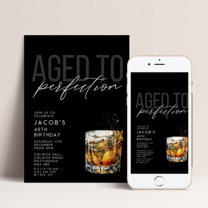 Aged to Perfection 40th Birthday Invitation, Editable Black Party Invite, Men's Adult Invitation Template, Forty Birthday Printable Template