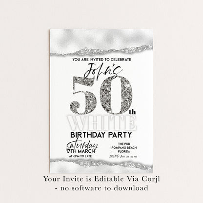 All White Party Invitation Bling Bling All White Birthday Bash All White Birthday Bash White Silver Glitter Party Editable to Any Age
