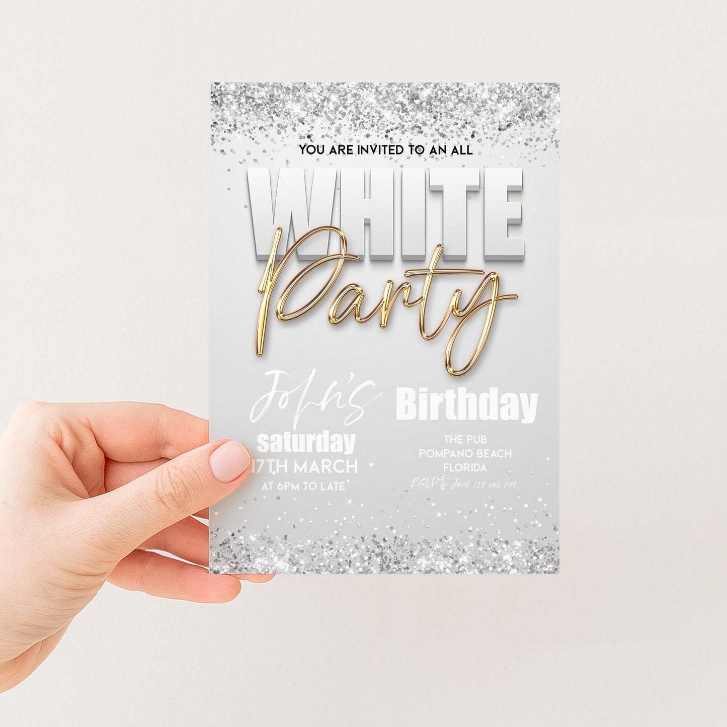 All White Party Invitation Bling Bling All White Birthday Bash White Gold Glitter Party Editable Download