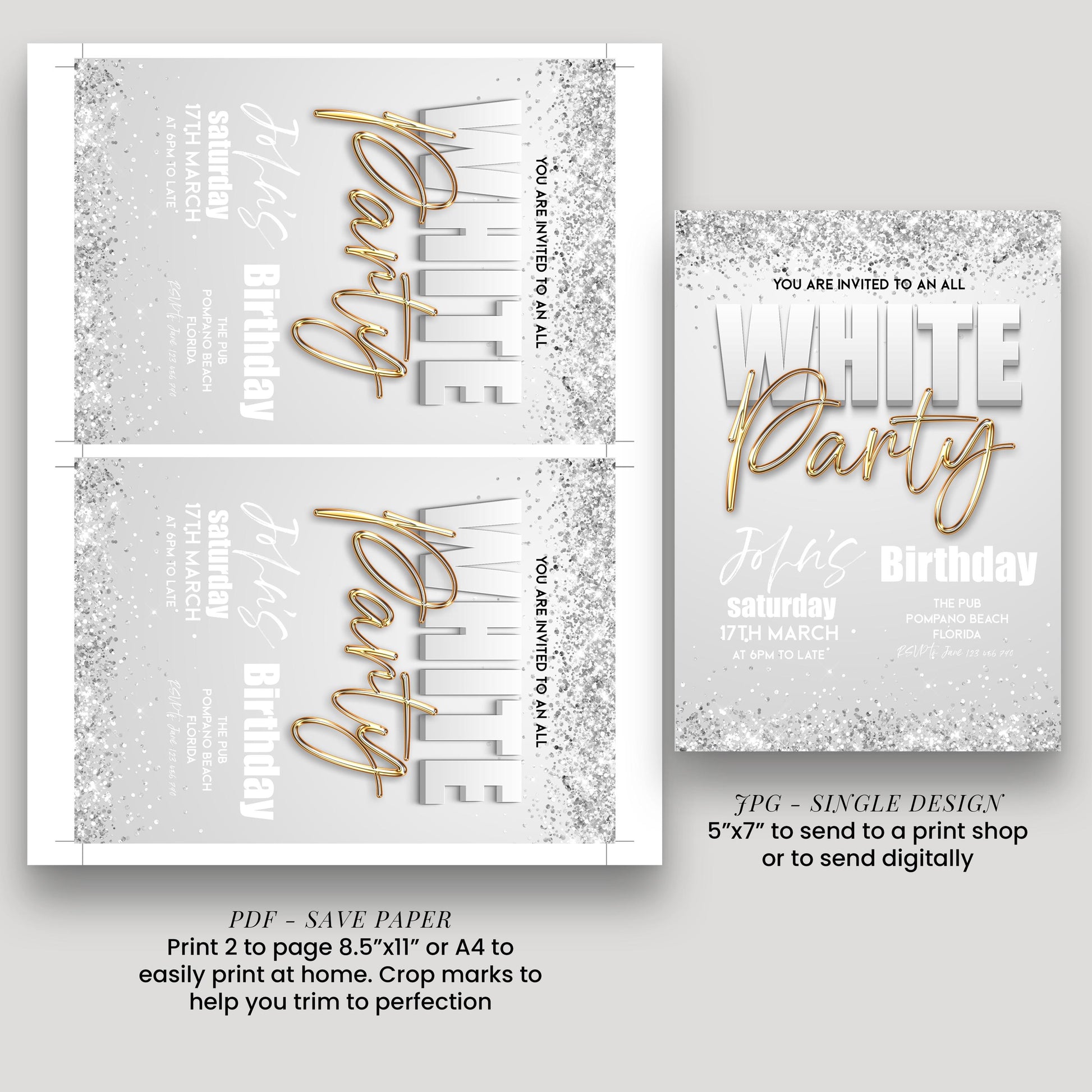 All White Party Invitation Bling Bling All White Birthday Bash White Gold Glitter Party Editable Download