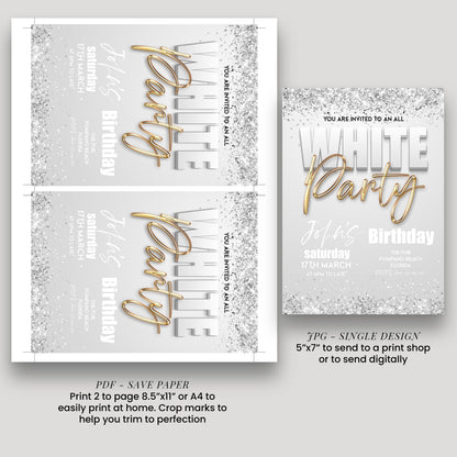 All White Party Invitation Bling Bling All White Birthday Bash White Gold Glitter Party Editable Download
