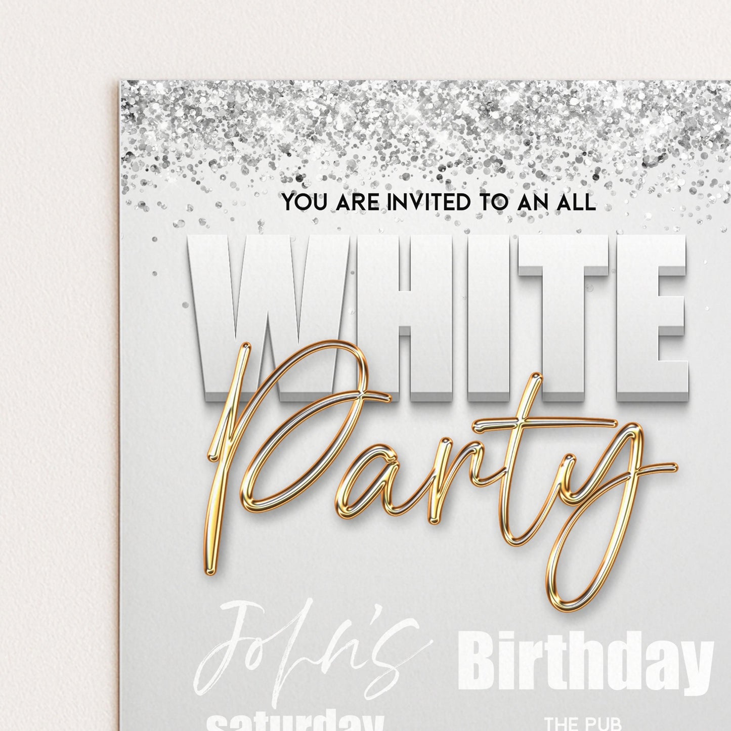 All White Party Invitation Bling Bling All White Birthday Bash White Gold Glitter Party Editable Download