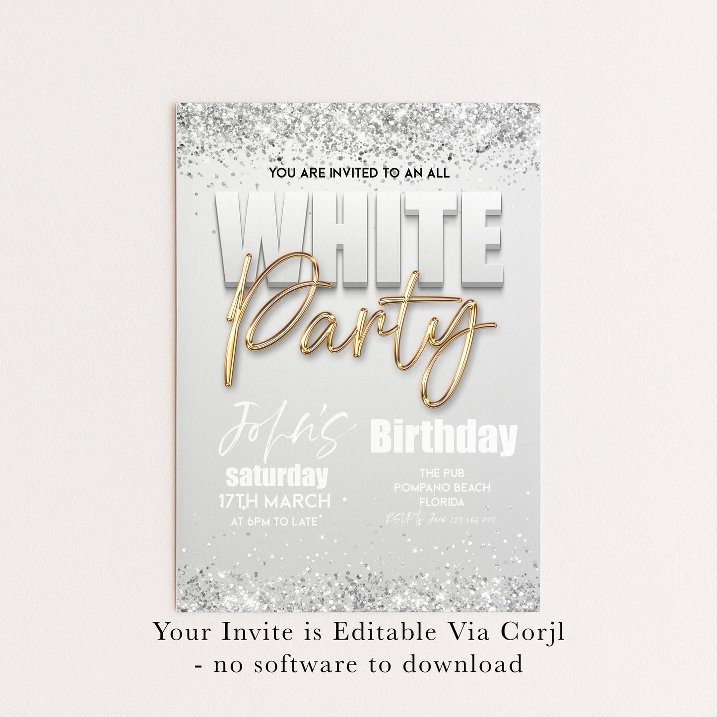 All White Party Invitation Bling Bling All White Birthday Bash White Gold Glitter Party Editable Download