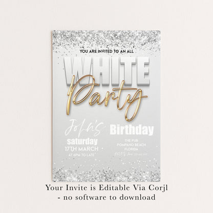 All White Party Invitation Bling Bling All White Birthday Bash White Gold Glitter Party Editable Download
