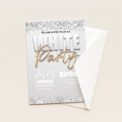 All White Party Invitation Bling Bling All White Birthday Bash White Gold Glitter Party Editable Download